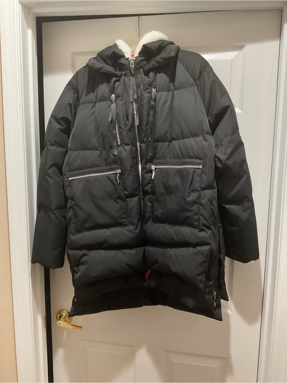 Women's Black Quilted Hooded Puffer Coat with Sherpa-Lined Hood